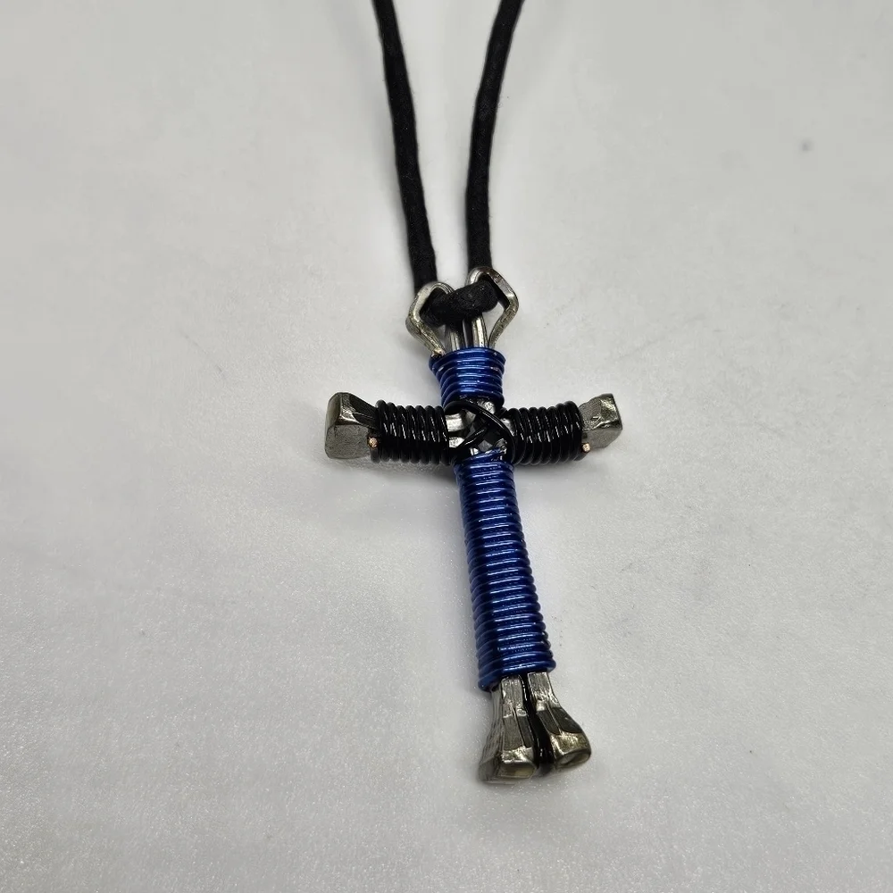 black cord necklace with wire wrapped cross blue black silver tone